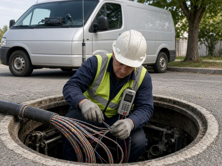 Technician splicing a copper telecom cable