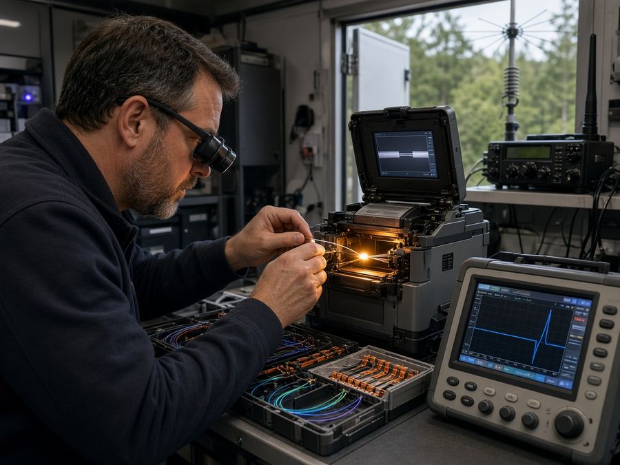Fiber optic cable being fusion spliced
