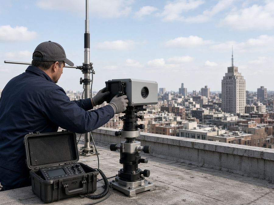 Free Space Optics transceiver on a rooftop